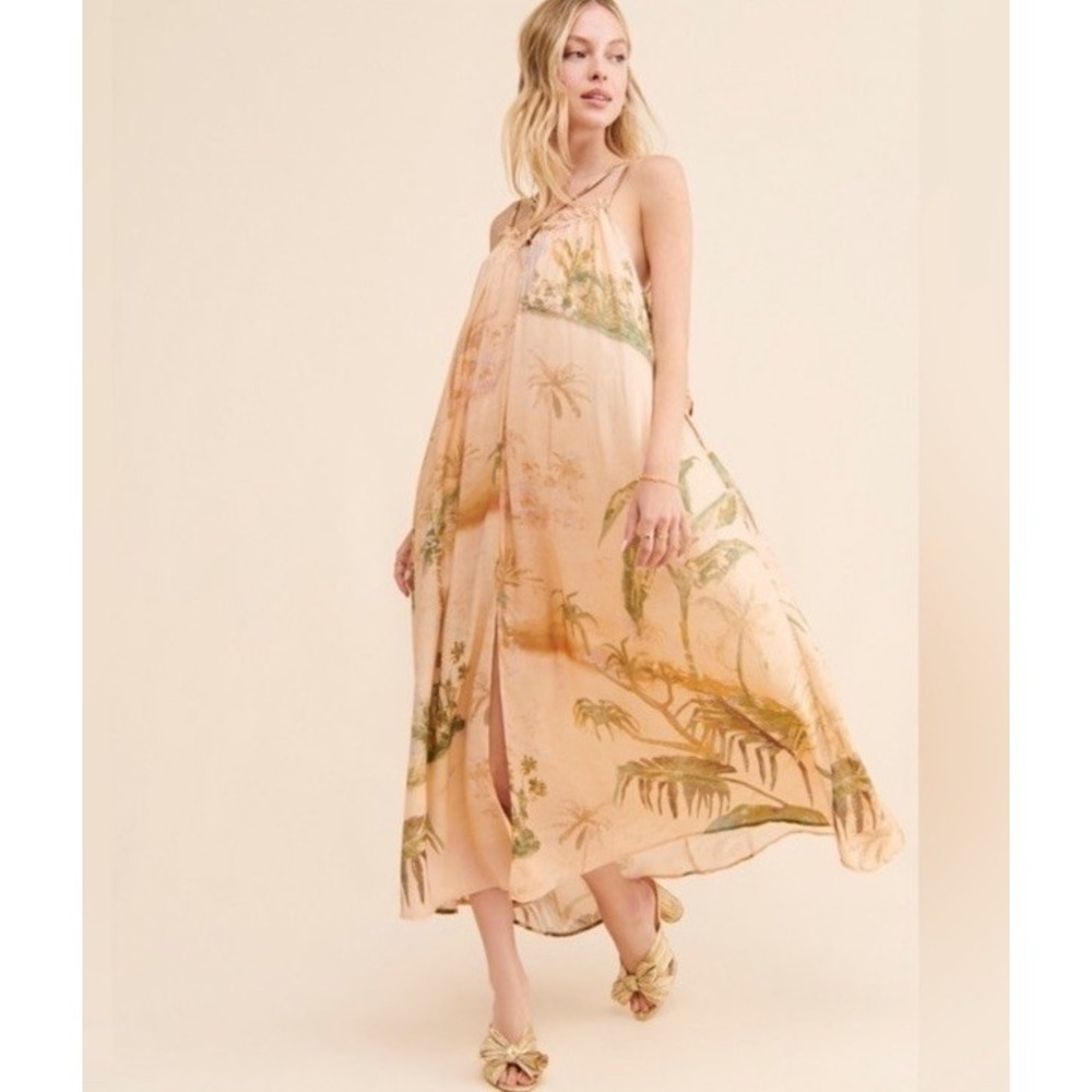 Anthropologie Strappy Tropical Palm Print Sleeveless Maxi Dress Boho Size M